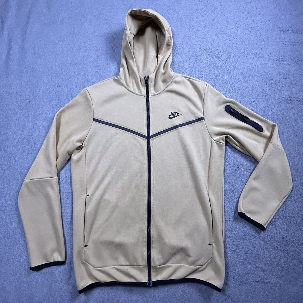 Nike Tech Fleece Full Zip Hoodie Men Large Tan Beige Black Trim Windrunner Jacke